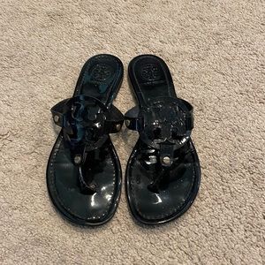 Black Tory Burch Miller Patent Leather Thong Sandals